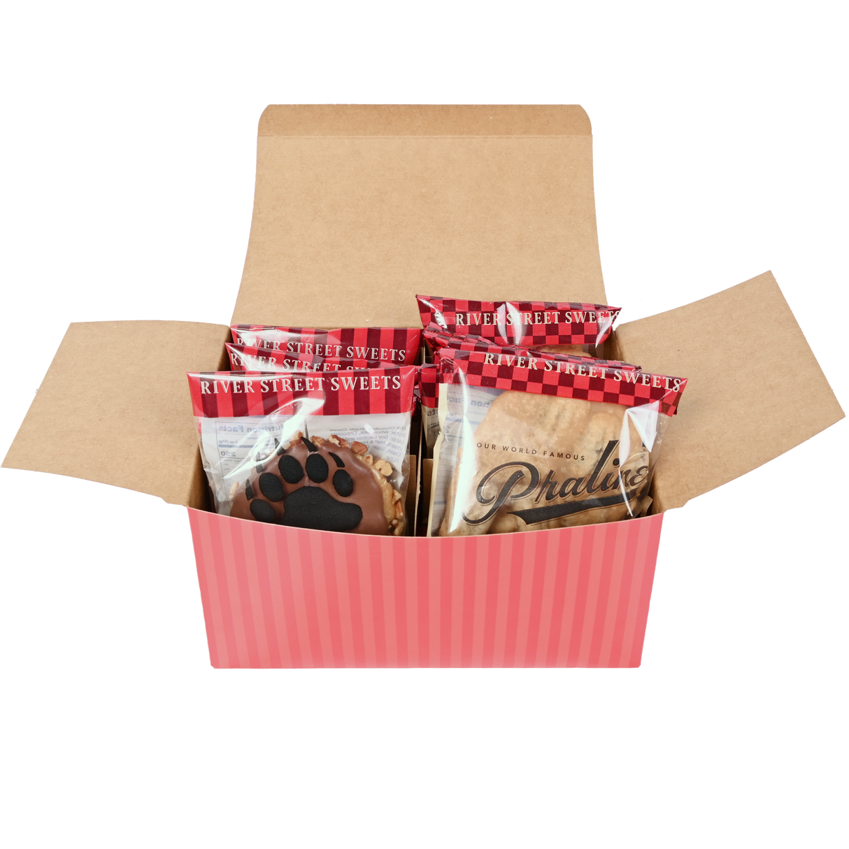 Packaged bear claws and pralines inside a red striped open box