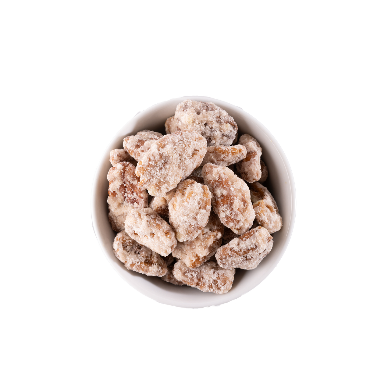 Cinnamon pecans in a white bowl