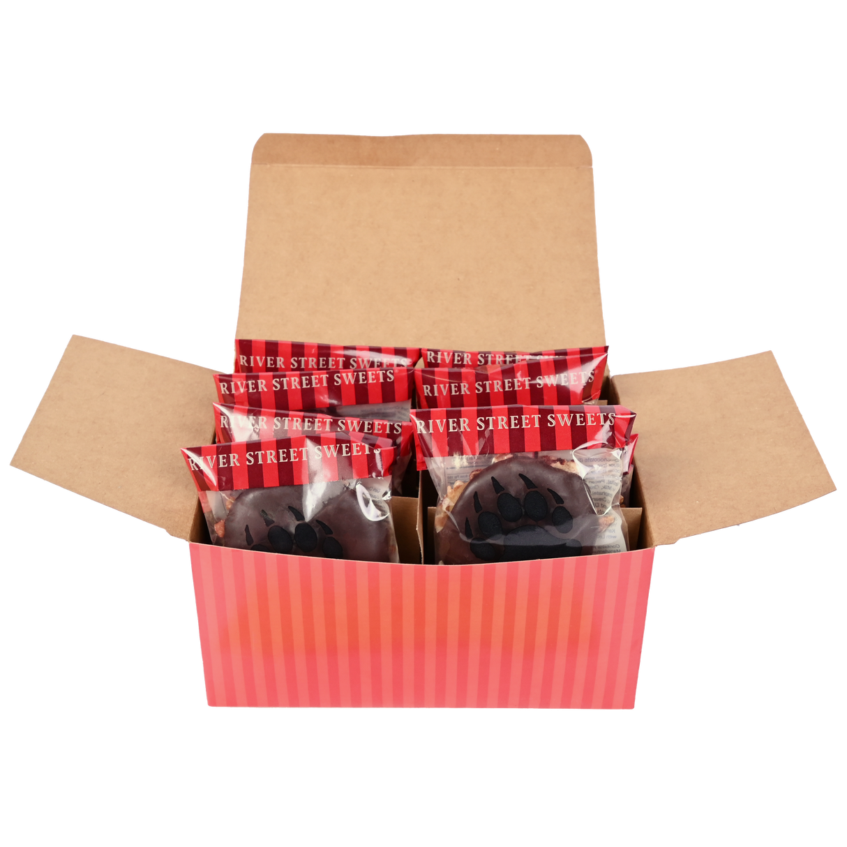 Open red-striped box containing packaged dark chocolate bear claws
