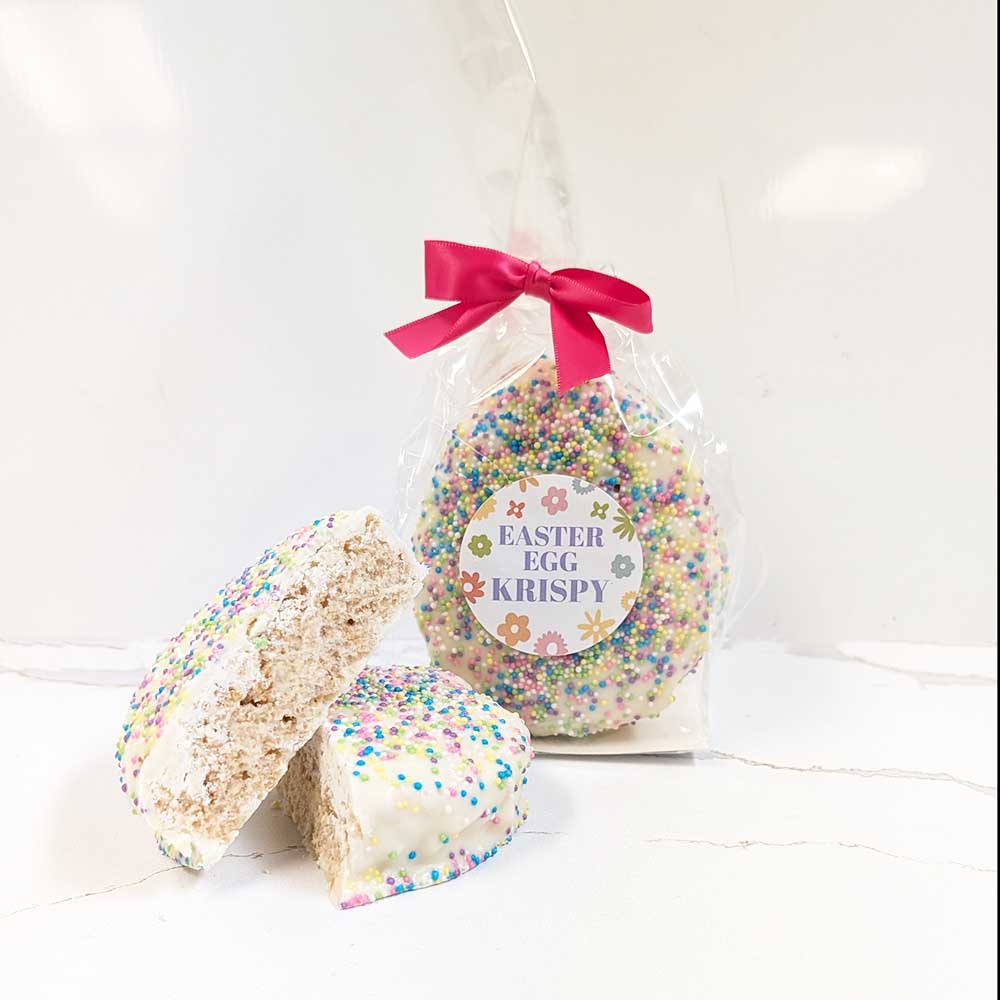 Easter egg-shaped Krispy with a pink bow and 'Easter Egg Krispy' label on a white background.