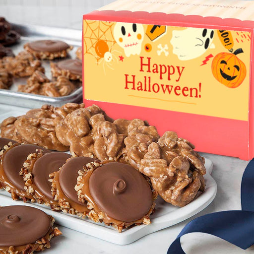 Pralines & Bear Claws on a plate with a 'Happy Halloween!' box in the background.