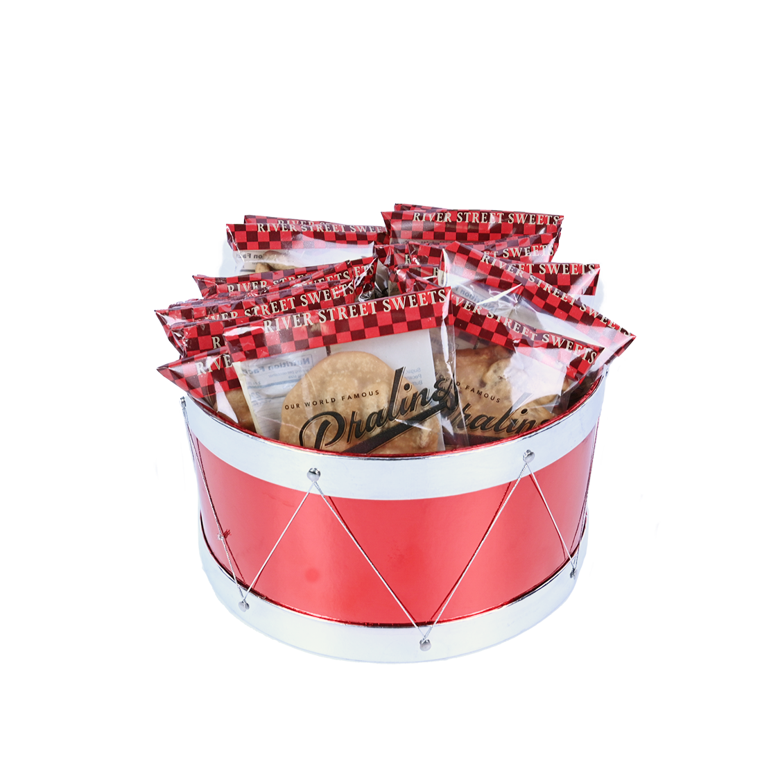Red drum-shaped basket filled with wrapped pralines