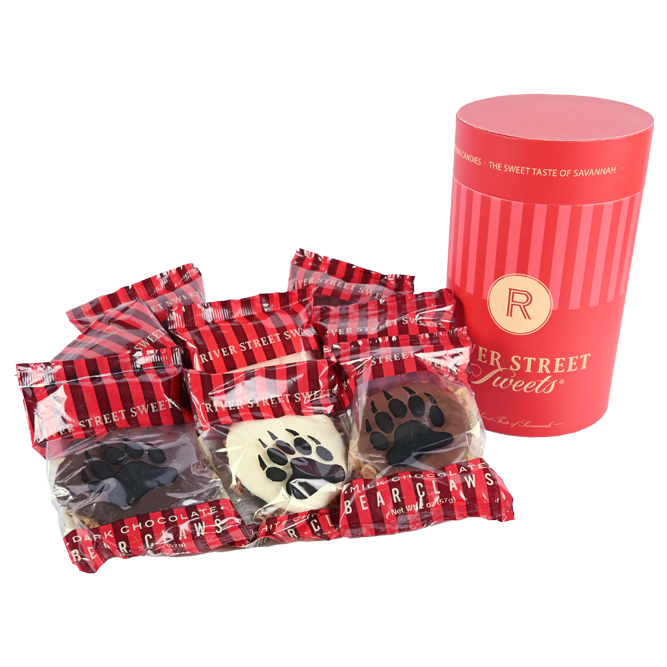 Wrapped assorted bear claws beside a red "River Street Sweets" canister