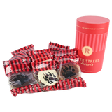 Wrapped assorted bear claws beside a red "River Street Sweets" canister