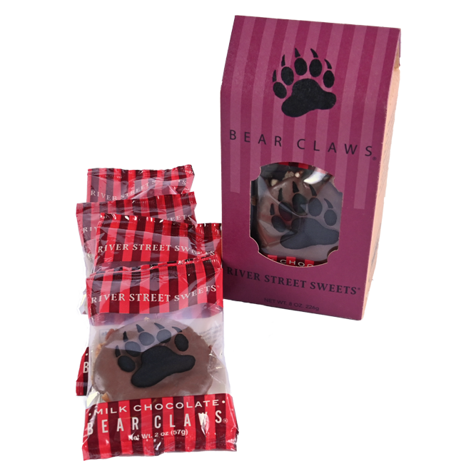Packaged bear claws beside a bear claw treat box