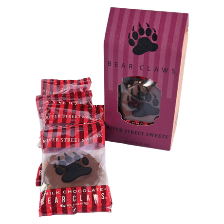 Packaged bear claws beside a bear claw treat box