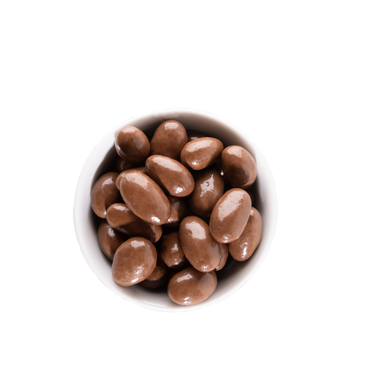 Chocolate almonds in a white bowl