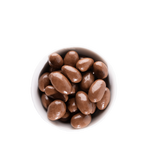 Chocolate almonds in a white bowl