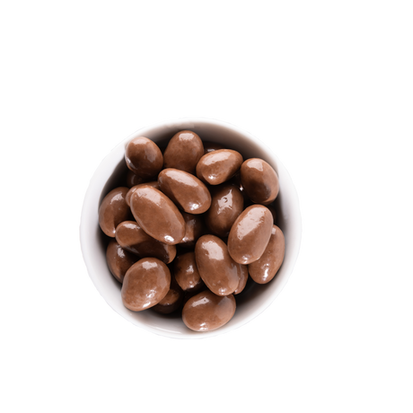 Chocolate almonds in a white bowl