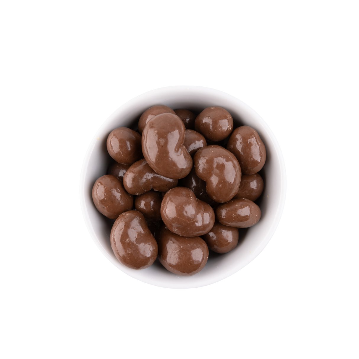 Chocolate cashews in a white bowl