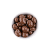 Chocolate cashews in a white bowl