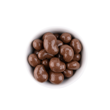 Chocolate cashews in a white bowl