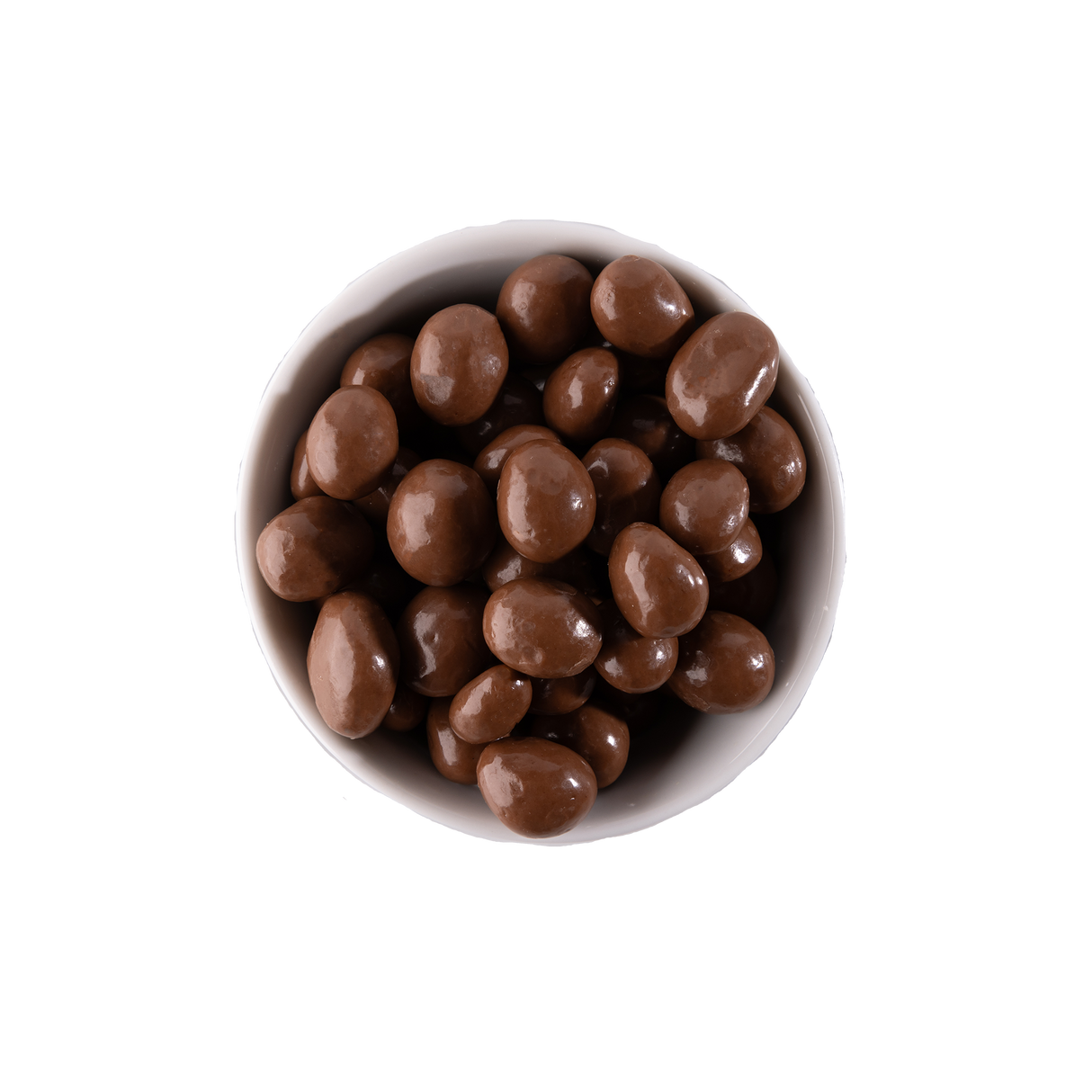 Chocolate covered peanuts in a white bowl
