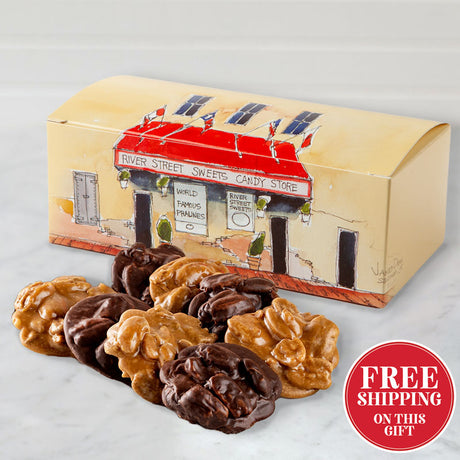 Candy assortment in a decorative box with a candy store illustration on a light gray background.