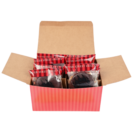 Open red-striped box containing packaged dark chocolate bear claws