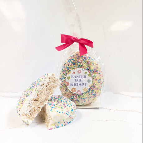 Easter egg-shaped Krispy with a pink bow and 'Easter Egg Krispy' label on a white background.
