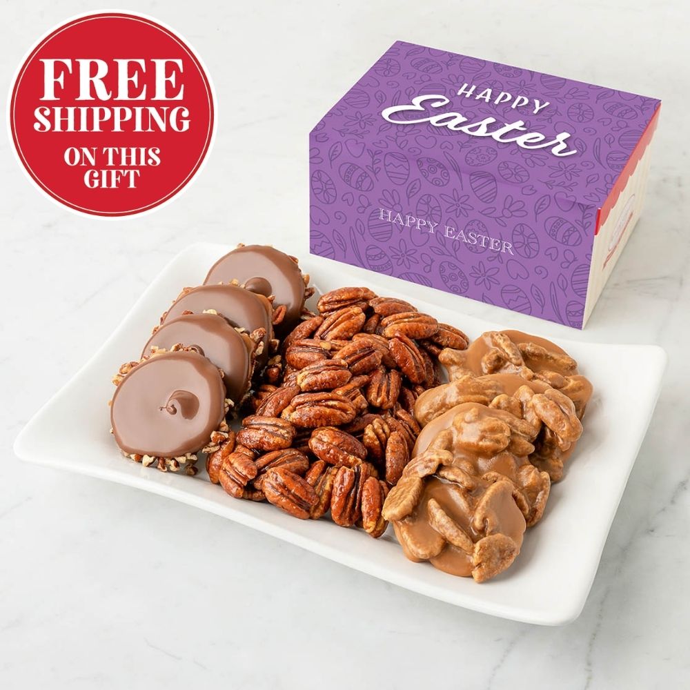 Assorted candies and a 'Happy Easter' box on a white plate with free shipping text.