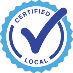 Certified Local badge with blue check mark on a white background from Buy Local Savannah