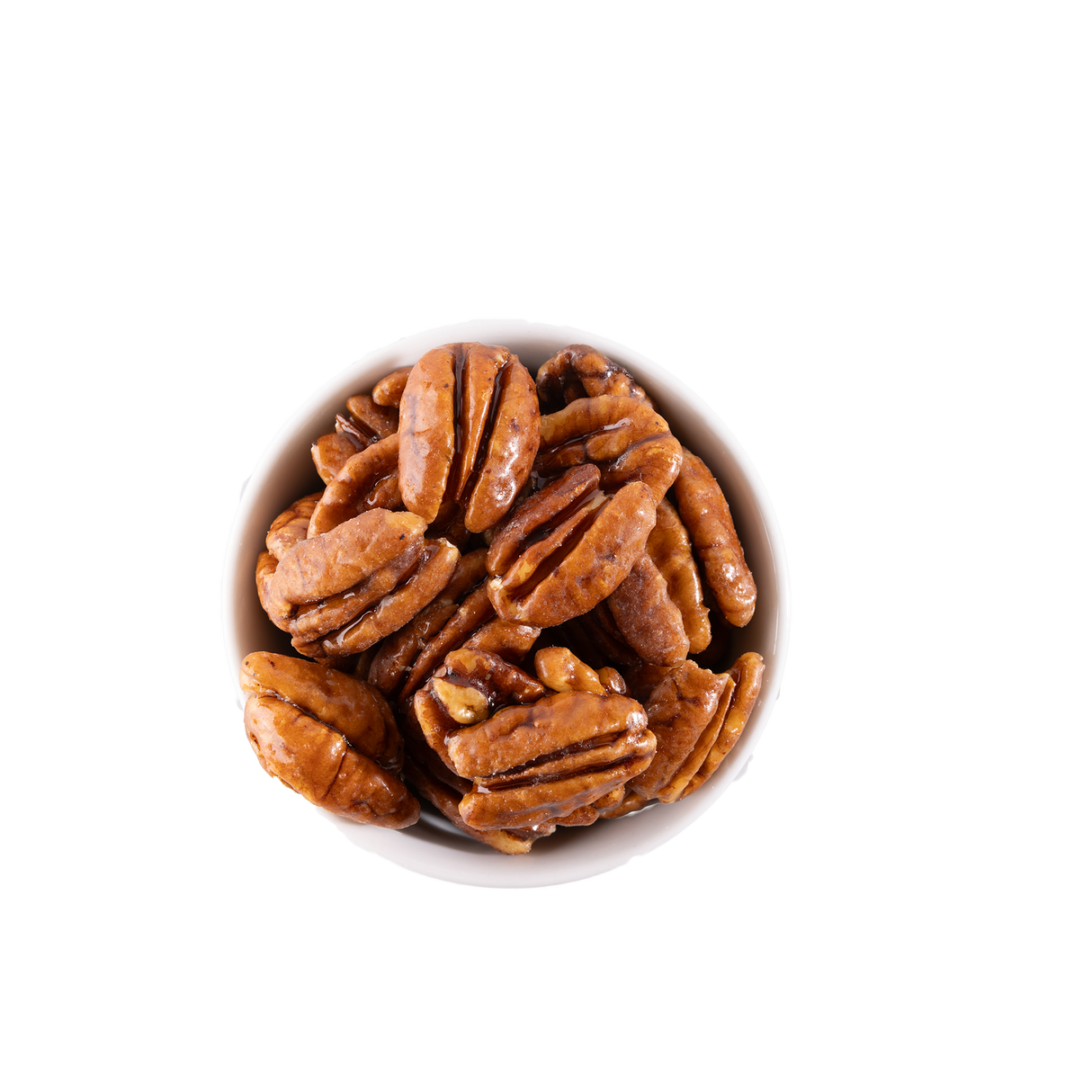 Glazed pecans in a white bowl