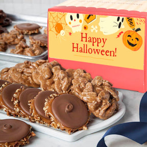 Pralines & Bear Claws on a plate with a 'Happy Halloween!' box in the background.