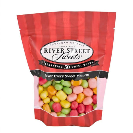 A red stand-up pouch of River Street Sweets candy on a white background, with a clear window showing colorful jelly beans inside.