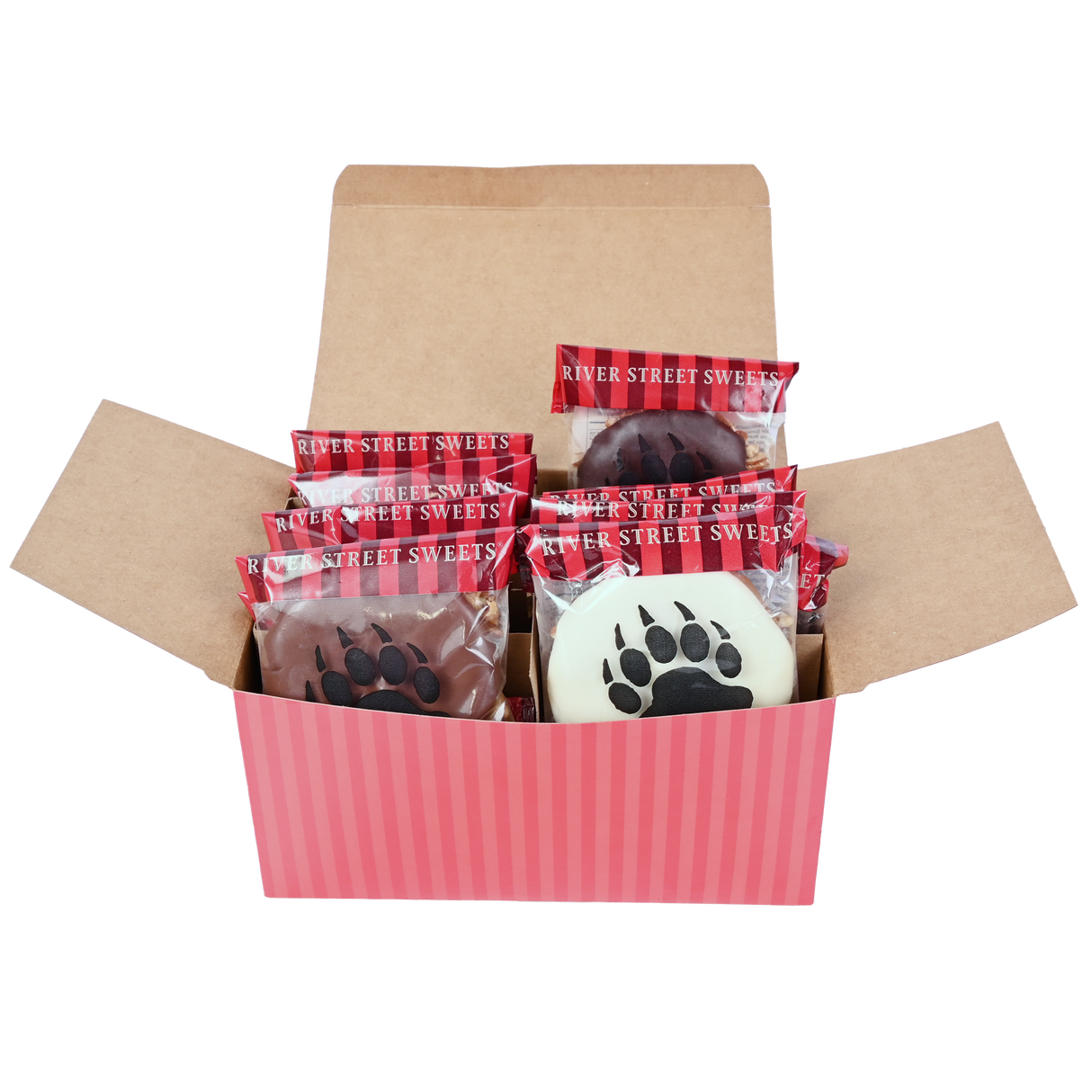 Red striped box with assorted wrapped bear claws peeking out