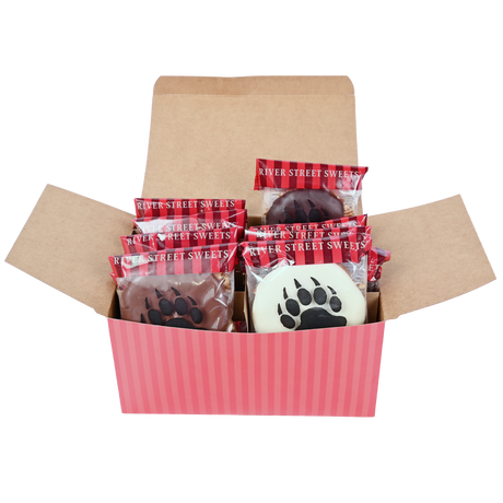 Red striped box with assorted wrapped bear claws peeking out