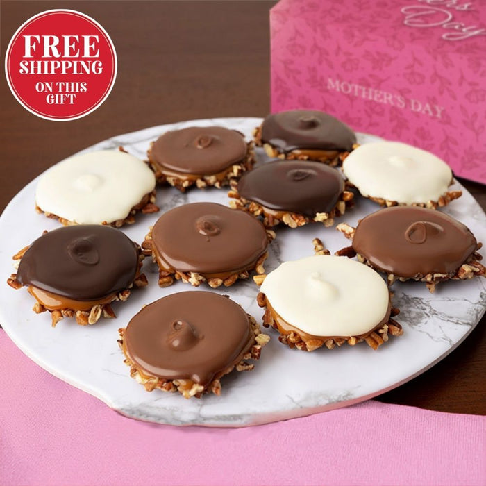 Plate of assorted bear claws with a 'Free Shipping on This Gift' label and Mother's Day theme.