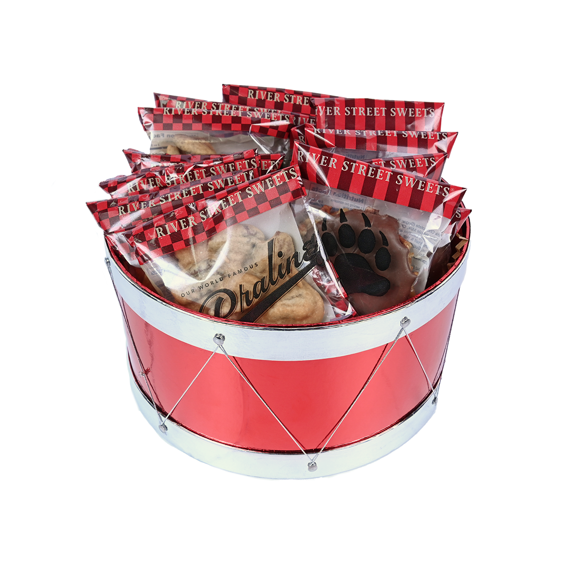 A red drum-shaped basket filled with wrapped pralines and bear claws