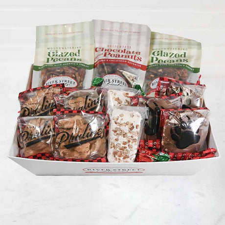 Assorted snack box with River Street Candies products on a white background