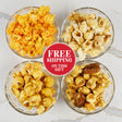 Four bowls of popcorn with a free shipping offer on a light background