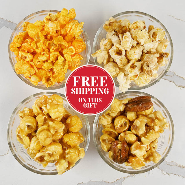 Four bowls of popcorn with a free shipping offer on a light background