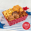 Red tray with white polka dots with candies on a white and blue  cloth