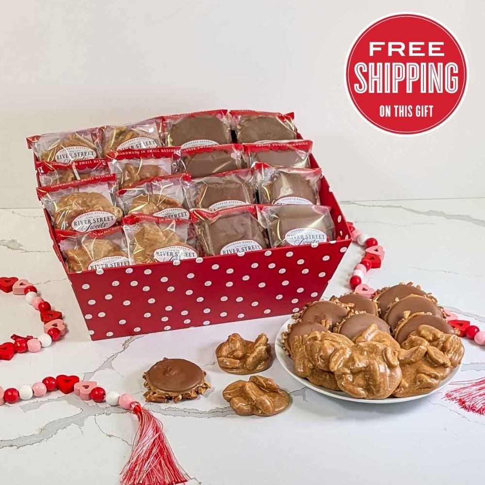 Box of candies in a red and white tray with a free shipping label on a white background