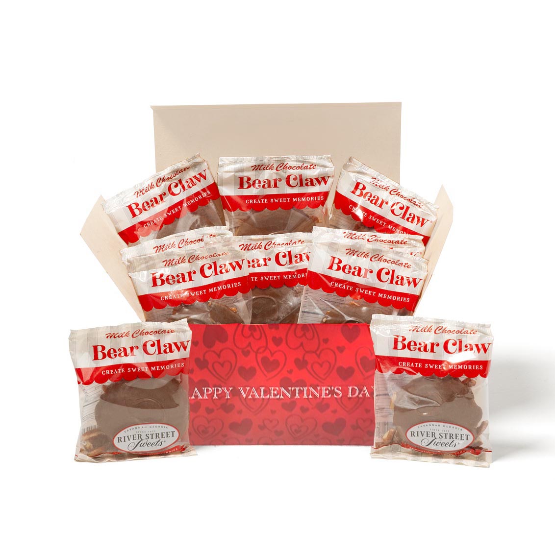 Box of Bear Claw candies with Valentine's Day design on a white background