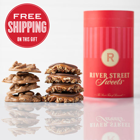 A red cylindrical canister labeled 'River Street Sweets' with a stack of praline and bear claw in front of it, and a 'Free Shipping' text overlay at the top.