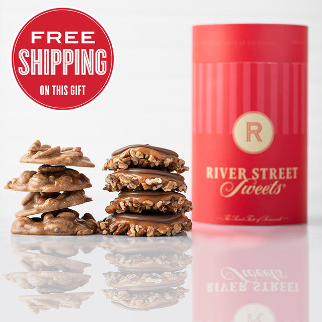 A red cylindrical canister labeled 'River Street Sweets' with a stack of praline and bear claw in front of it, and a 'Free Shipping' text overlay at the top.