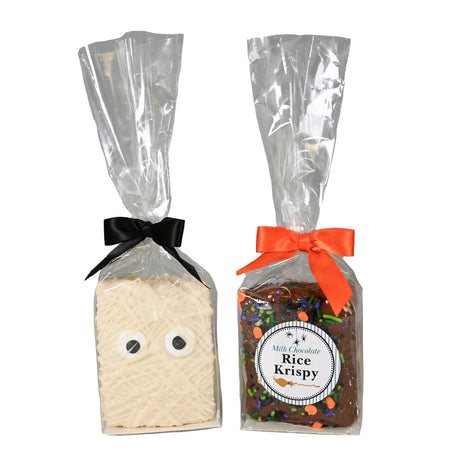 Two packages of Halloween Themed Rice Krispy treats with decorative ribbons on a white background