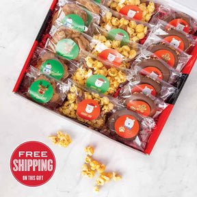 A festive red holiday party pack box filled with individually wrapped milk chocolate bear claws, pralines, and caramel popcorn. The box is on a white surface with a 'FREE SHIPPING ON THIS ORDER' text overlay.