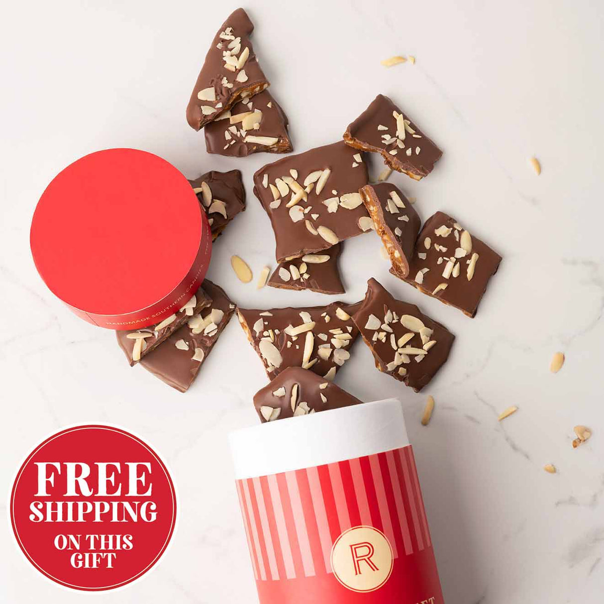 Chocolate candies with a red tin on a white background, featuring free shipping text.