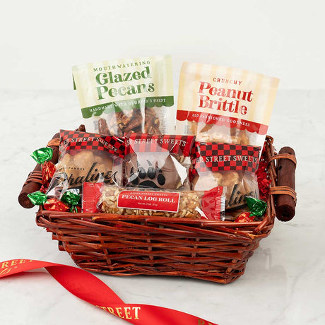 Basket of pet treats with visible packaging on a white background