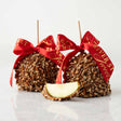 Two caramel apples with pecans and red ribbons on a white background